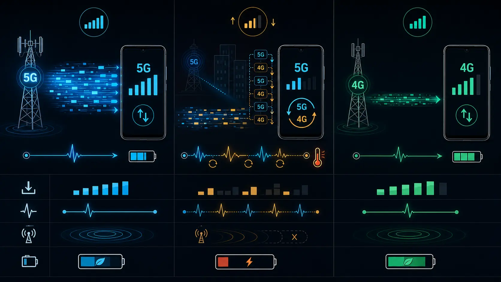 Confronto tra 5G e 4G per velocità, stabilità del segnale, calore e batteria