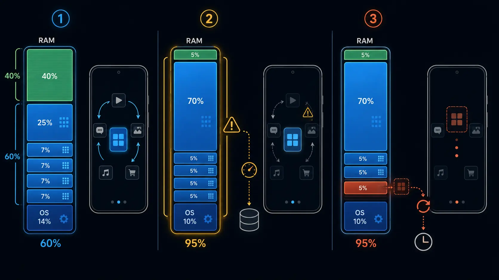 Three stages of Android memory pressure showing RAM filling and background apps being closed