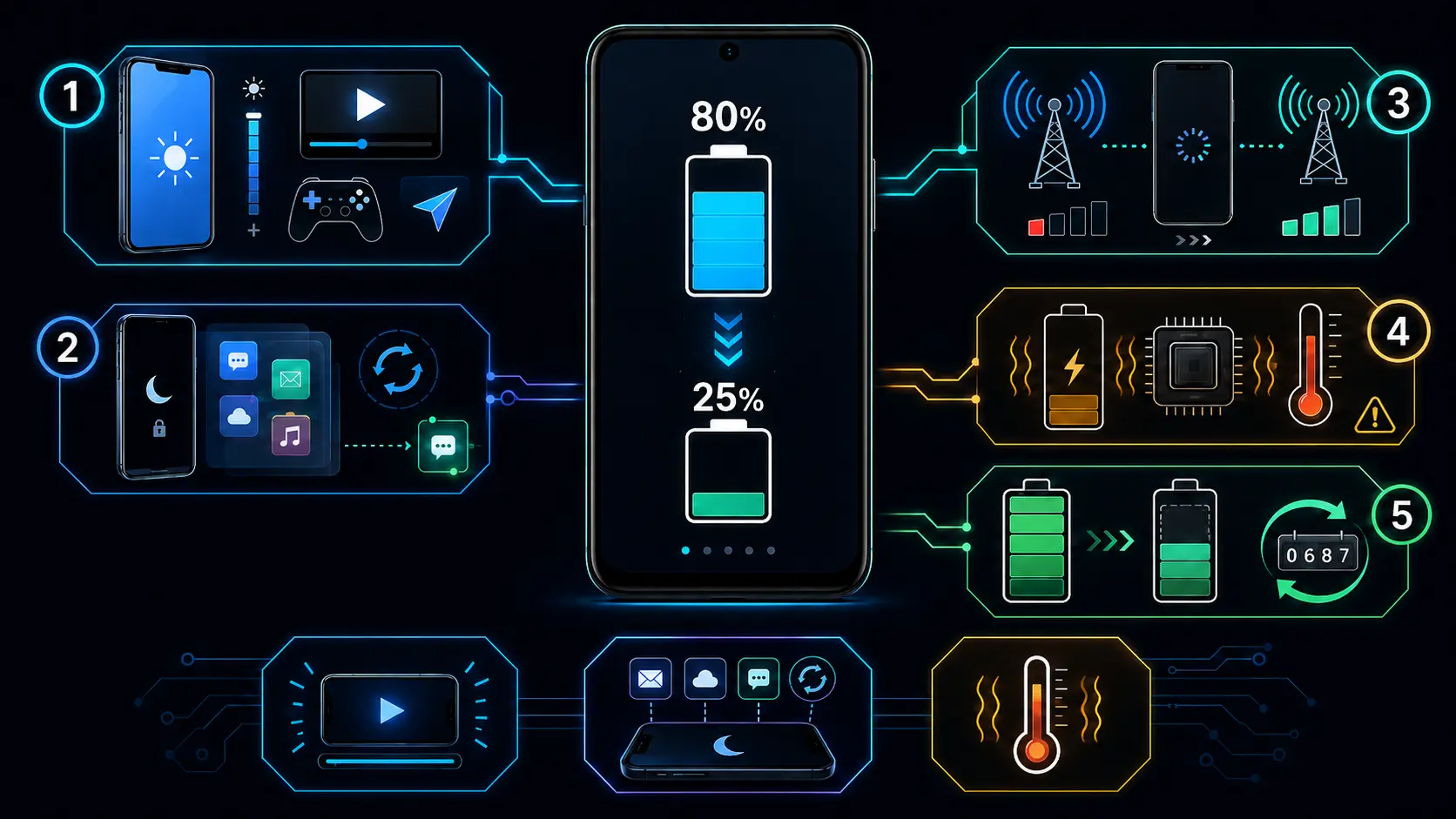 Battery drain diagnostic tree covering screen use, background apps, network signal, heat, and battery health