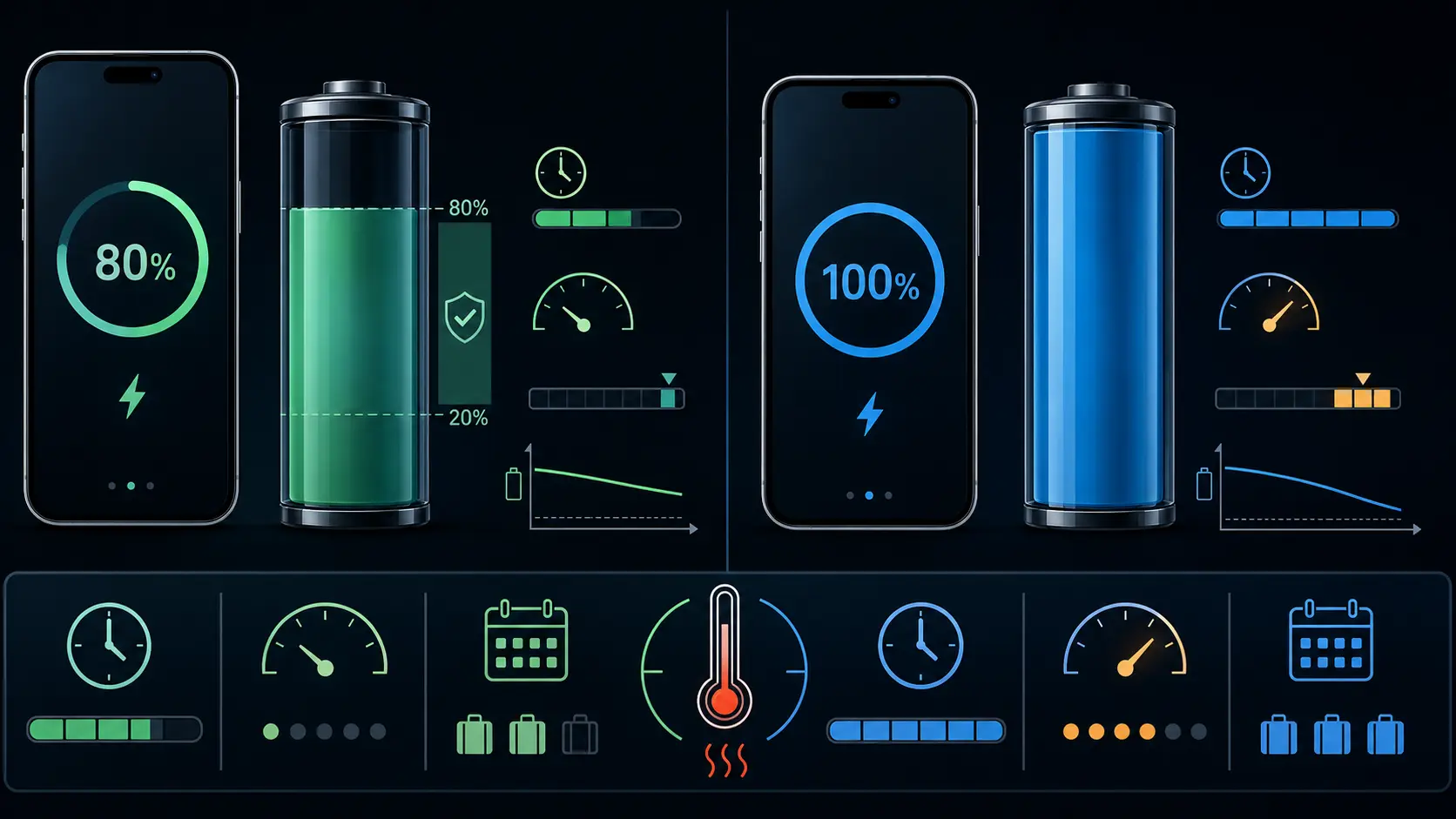 Comparison of charging a phone to 80 percent and 100 percent, balancing battery longevity and daily runtime
